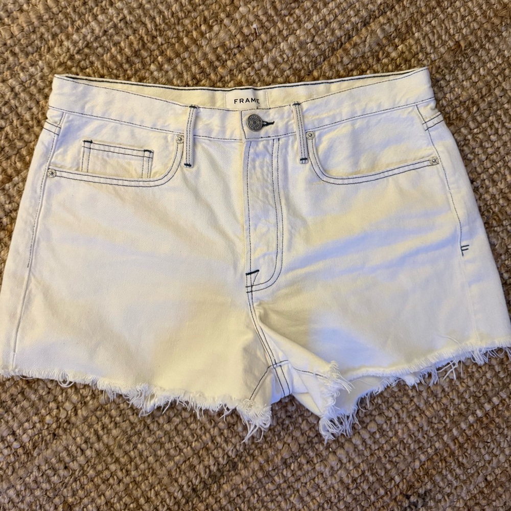 Frame Denim White Frayed Hem Jean Shorts